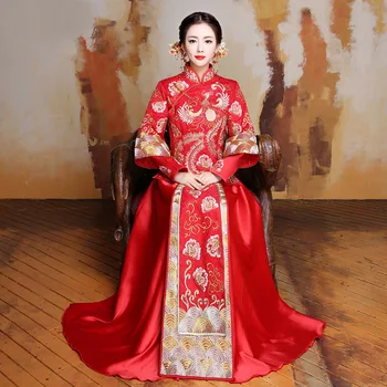 

China Traditional Dress Wedding Qipao Red Long Sleeve Cheongsam Embroidery Bride Chinese Style Dress Wholesale Size S TO XL