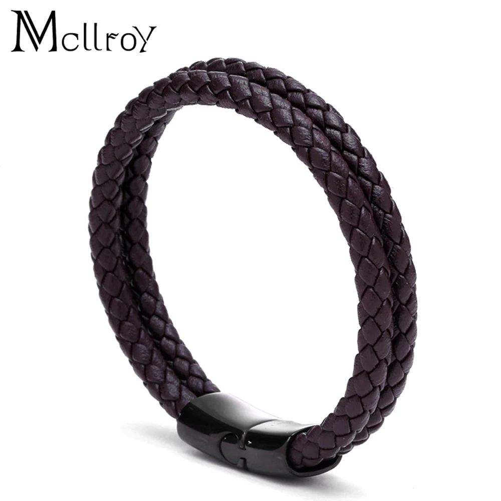Goedkoop Mcllroy Lederen armband Echte koe huid Dubbele Titanium rvs knop Braid bangle Trendy Mannen sieraden geschenken voor mannen