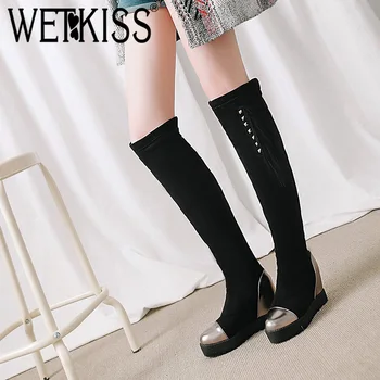 

WETKISS Over The Knee Woman Boots Tassel Round Toe Pearl Footwear Warm Elevator Female Boot Platform Shoes Woman 2018 Winter New