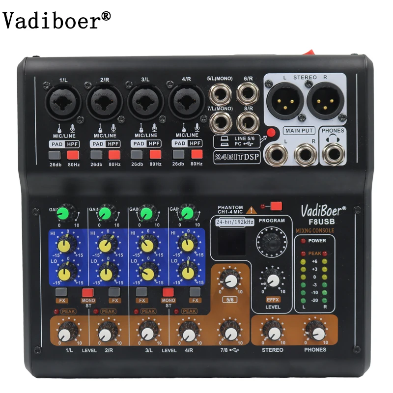 

Vadiboer F8USB Professional 8 Channels Mixer Console With Effect 48V Phantom Power Supply Mini Stage Audio Console MP3 Player