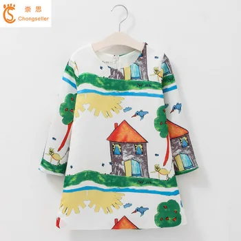 

2018 Girls Printed Dresses Tunic Appliqued Robe Princesse Long Sleeve Dresses For Girls Costumes Children Dress Princess