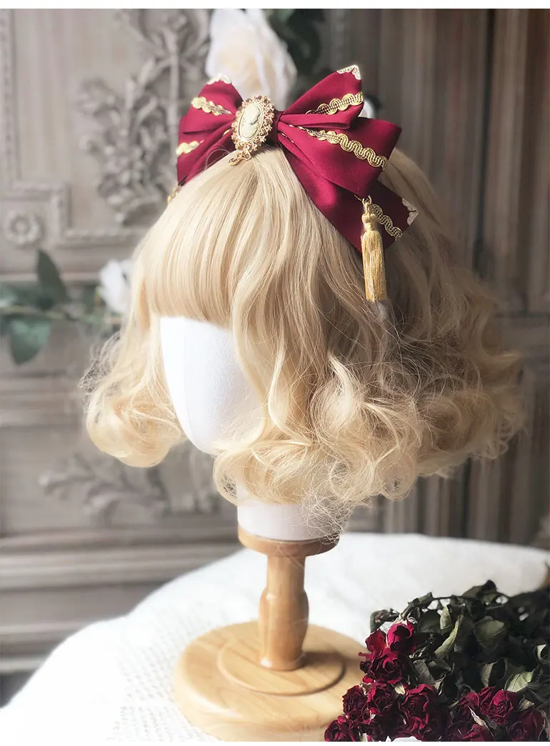 Милый ручной работы потрясающий головной убор бант ободок для головы Лолита золотые кружева кисточки сладкий дизайн