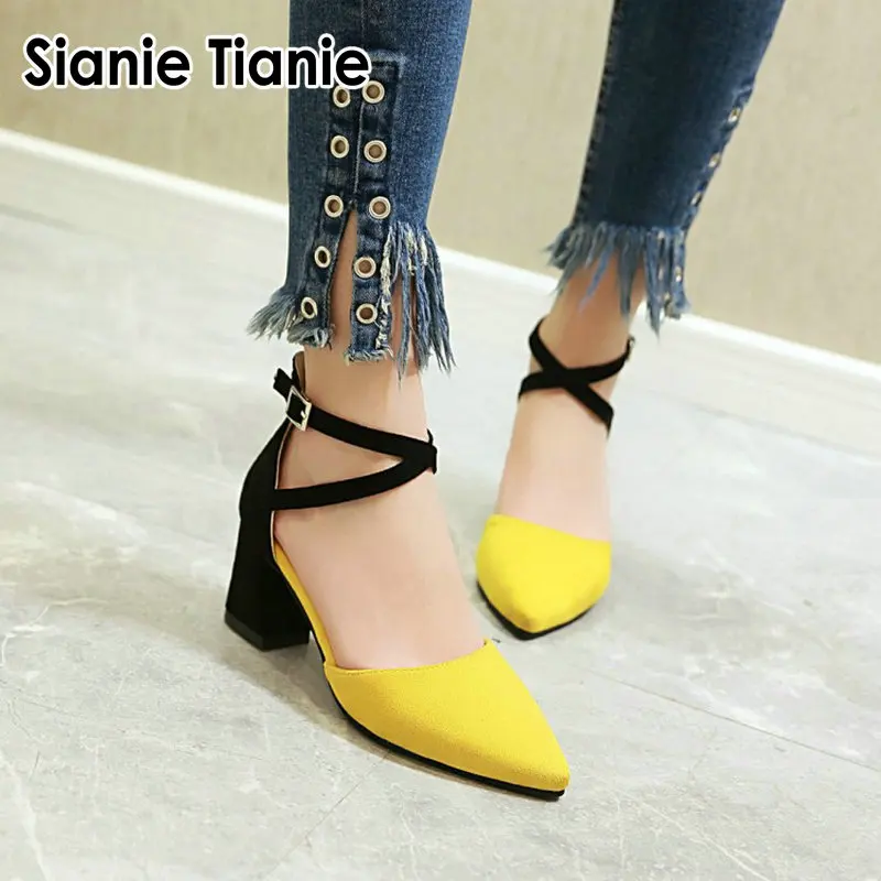 

Sianie Tianie 2019 summer pointed toe cross strap yellow red woman high heels ladies party wedding shoes women mary jane sandals