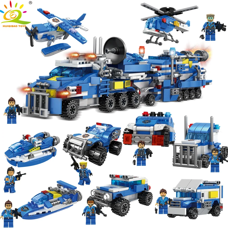 

HUIQIBAO Toys 780PCS 9in1 Police Truck Building Blocks For Children Compatible Legoingly City Policemen Cars Helicopter Bricks