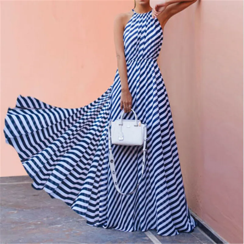 

Elegant Summer Dress Women Blue Diagonal Striped Sleeveless Casual Dresses For Women Sexy Summer Bandage Long Maxi Dress Female