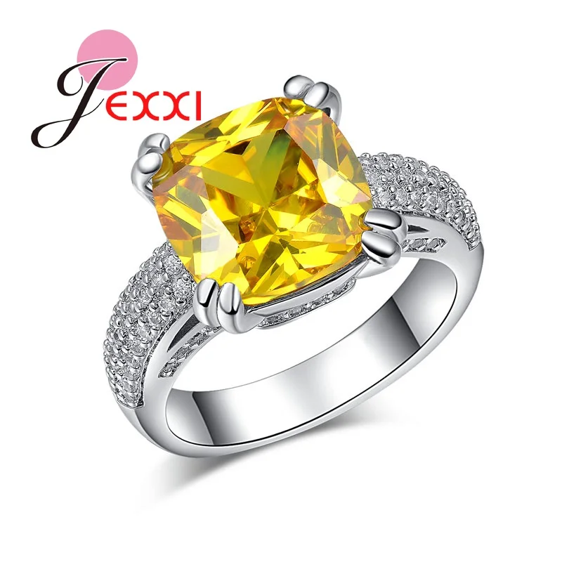 Блестящий ярко-желтый Кристалл Цирконий кубические Стразы для женщин Свадебные обручальные кольца модные 925 пробы серебряные ювелирные изделия