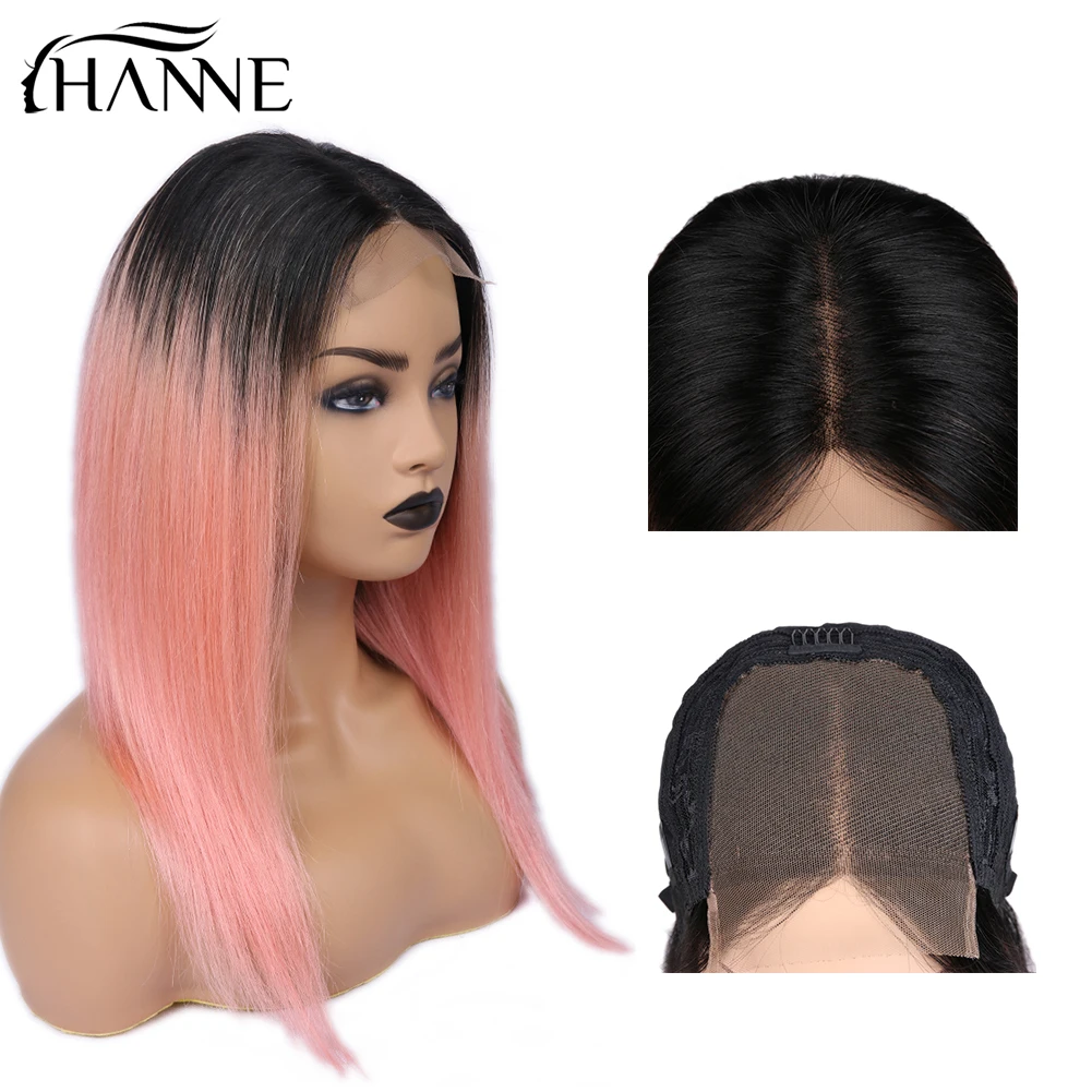 

Brazilian 4*4 Lace Closure Wig 1B# Ombre Pink Straight Wigs Lace Closure Human Hair Wigs For Black Women 150% Density HANNE Hair