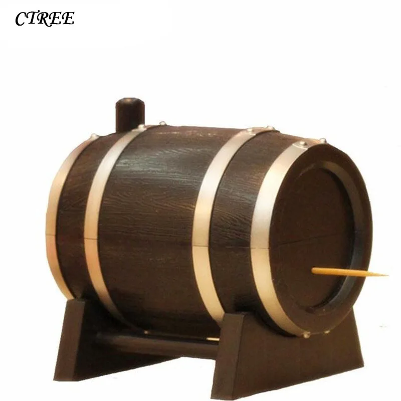 

CTREE 1Pcs Fashion Creative Automatic Press Convenient Wine Barrel Plastic Toothpick Box Container Dispenser Holder Hot Sale C73