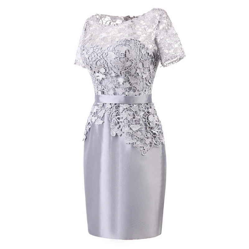 Cocktail Dresses Gray Illusion Flowers Short Sleeves Lace Zipper Straight Knee Length Formal Dress Party Gown It's YiiYa 7552