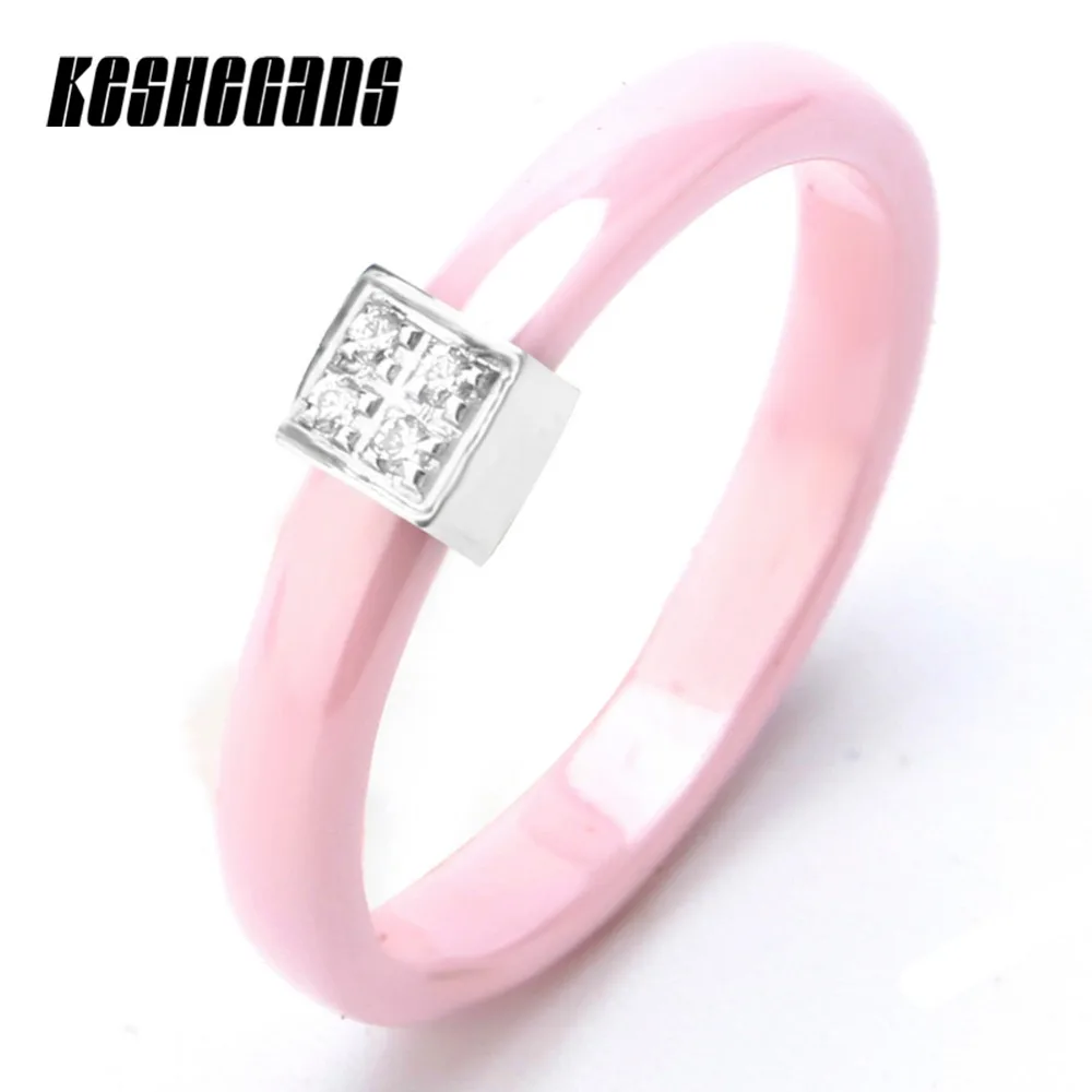 

3mm Pink Ceramic Ring With Four Bling Crystal For Women Girl Lady Stainless Steel CZ Stone Finger Ring Trendy Fashion Jewelry