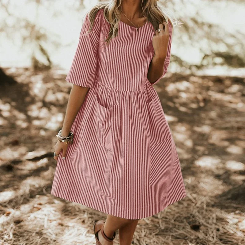 

Women Sundress Summer Elegant O Neck Half Sleeve Pockets Loose Party Vestido Casual Baggy Work Striped Dress Oversized 3XL