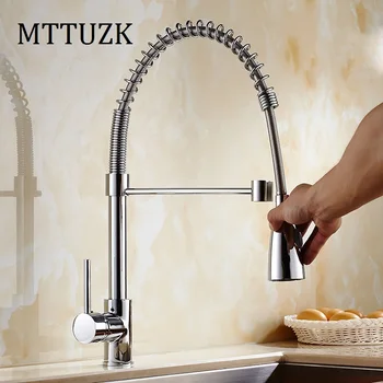 

MTTUZK Spring Style Chrome Finishe Kitchen Pull Faucet Mixer Dual Sprayer Swivel Spout Rotatable Hot Cold Faucet Sink Mixer Taps