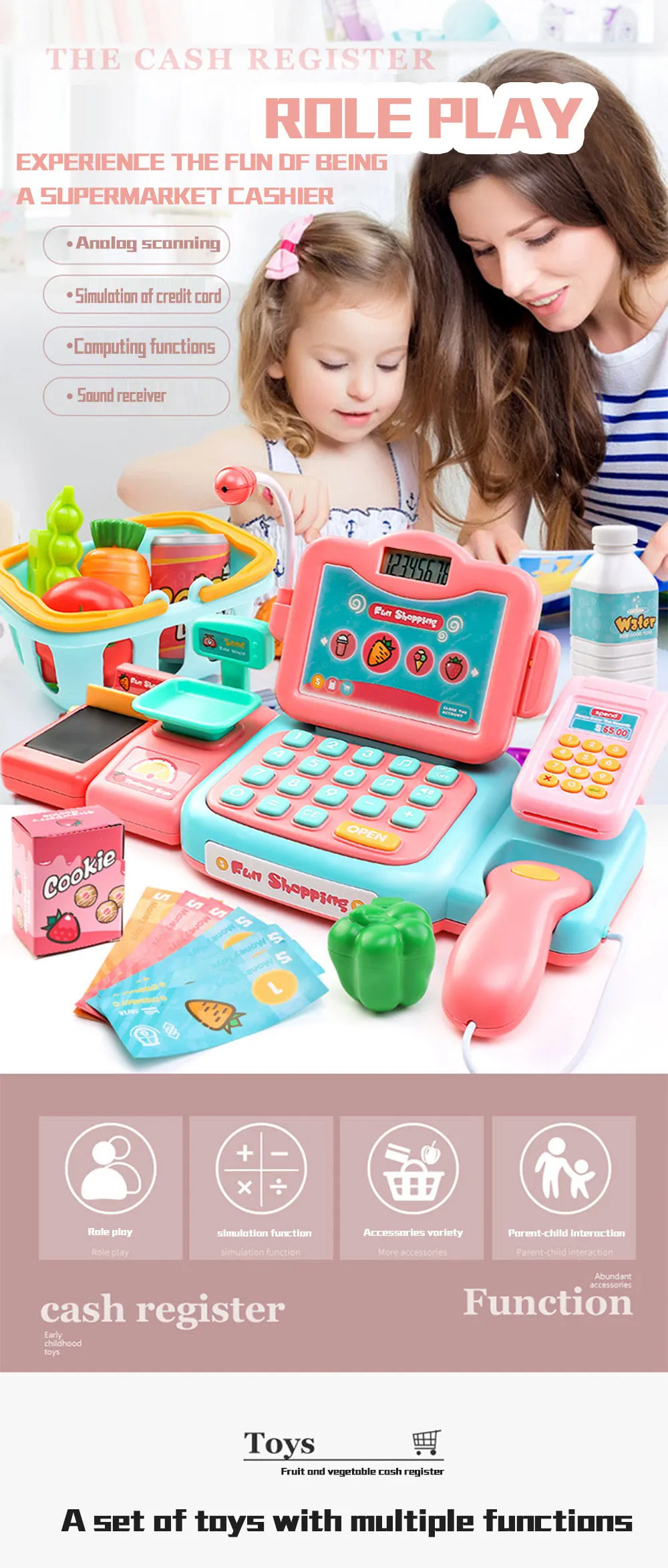 Electronic mini simulation supermarket cash register kit toy children checkout counter role play cashier girl toy gift