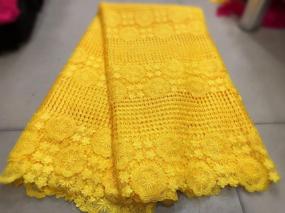 Yellow color nigerian guipure lace embroidery fabrics flower pattern