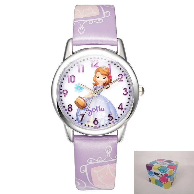 Brave Sofia Princess Child Lovely Quartz Watch Little Girls Dream Fashion Casual Leather Waterproof Watches Kid Favorite Clock - Цвет: PURPLE  BOX GIFT