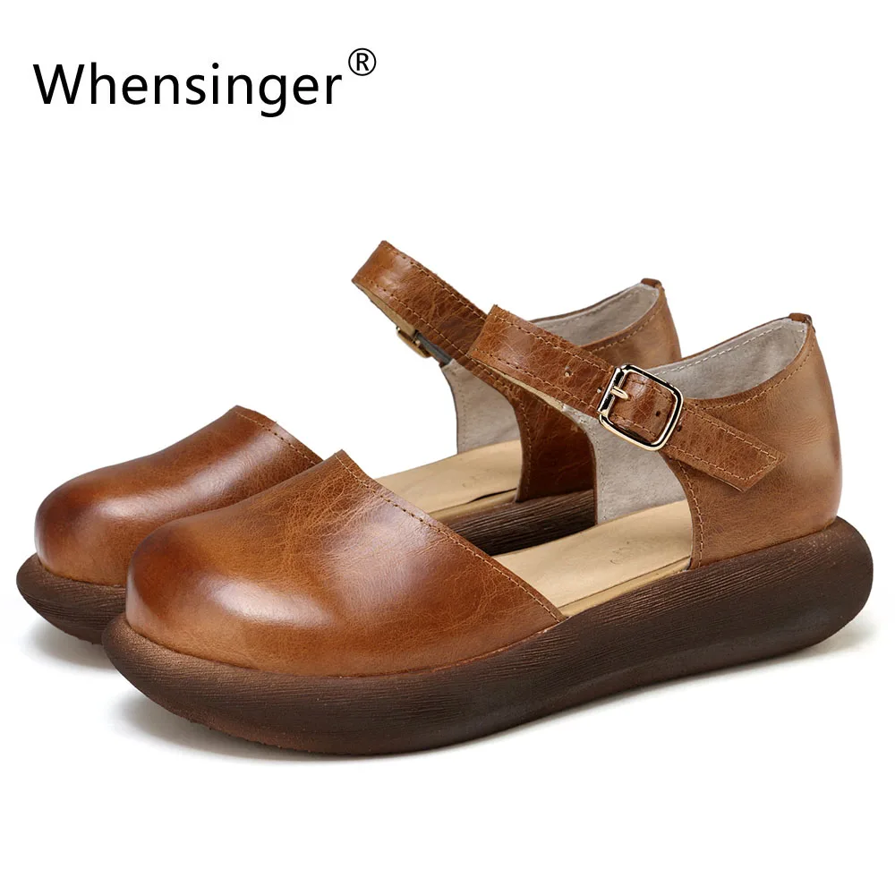 

Whensinger - 2018 Summer Sandals Women Fashion Genuine Leather Shoes Retro Buckle Strap Design 591