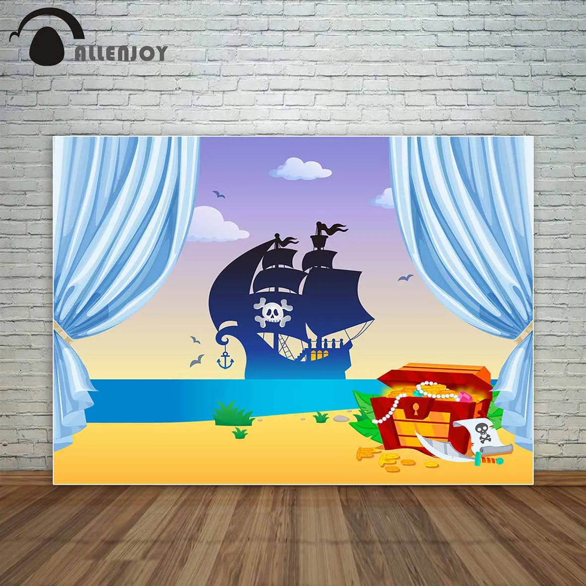 Allenjoy pirate ship background blue curtains treasure beach seaside children party backdrop fund photo booth for the | Электроника