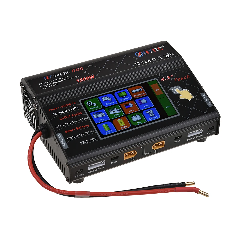 HTRC RC Баланс Зарядное устройство HT306 DC DUO 600 Вт* 2 30A* 2 двухпортовый 4," цветной сенсорный ЖК-экран для Lilon/LiPo/LiFe/LiHV батареи