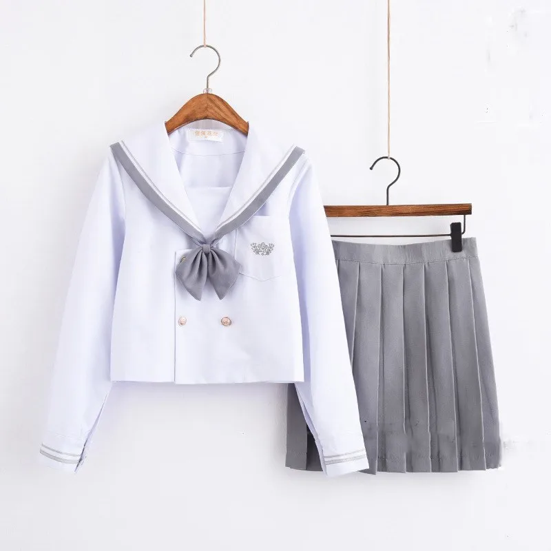 Новое поступление, школьная форма для девочек, Jk, морской моряк, костюм для женщин, японская школьная форма, белый топ+ серая юбка - Цвет: Long Sleeve Set