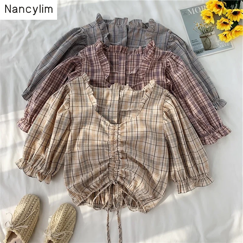 

Retro Plaid Pull-rope Ruffles Shirt Blouse Woman V-collar Summer Jacket Girls Lady's Short Sleeve Crop Top All-match Tops