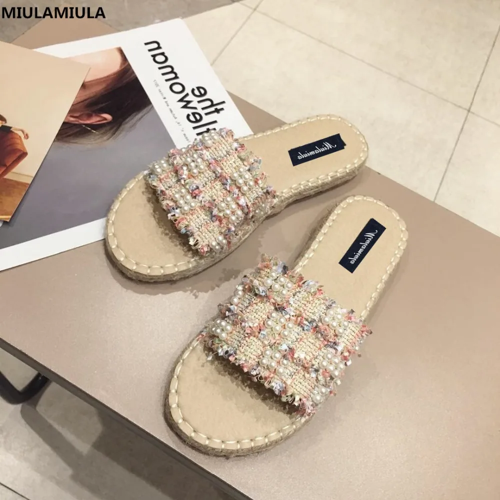 

MIULAMIULA Brand Designers 2019 Summer New Luxury Gingham String Bead Woman Slipper Flat Slides Slip On Loafers Mules Flip Flops