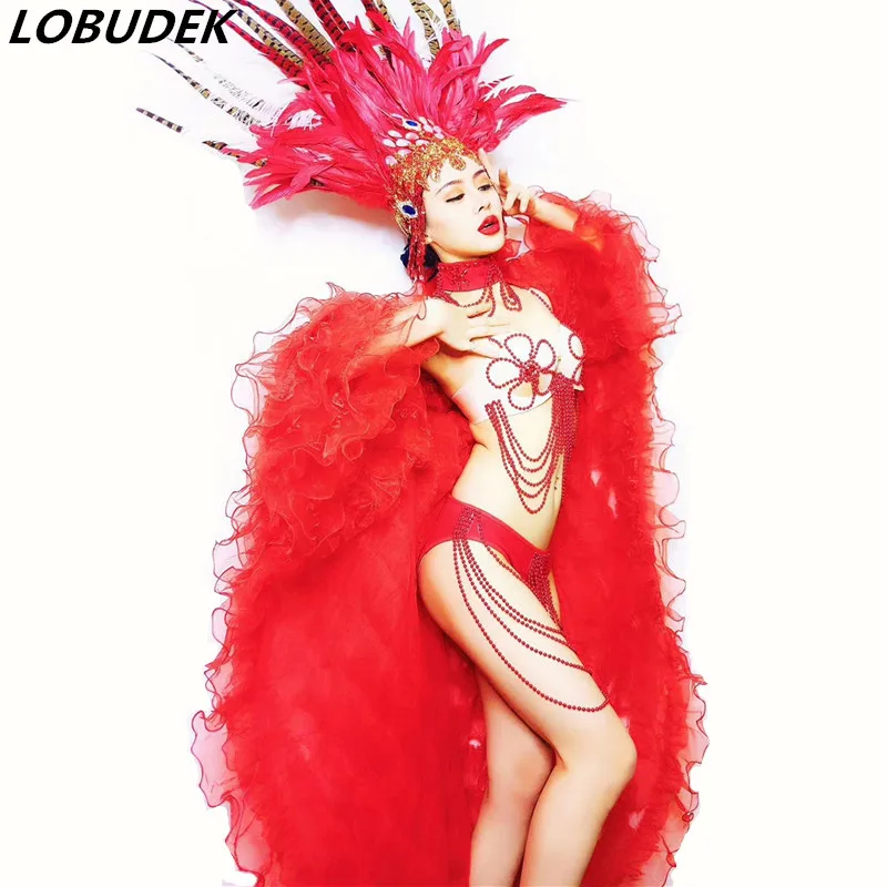 

Sexy Beads Bikini Long Cloak Red Feather Rhinestones Headdress Lady Set Nightclub DJ Singer Party Costume Models Catwalk Outfits