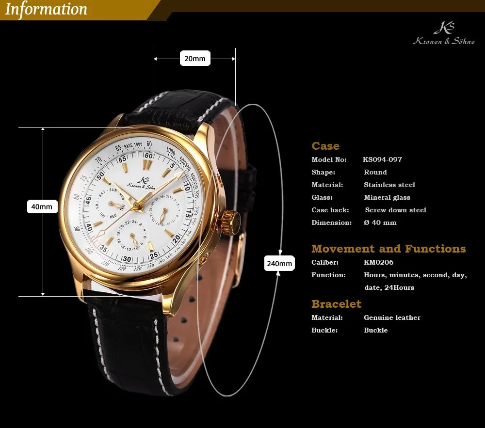 Роскошный Бренд KS Автоматические Механические Часы Полный Календарь Дисплей 24 Часа Белый Циферблат Золотой Корпус из Нержавеющей Стали Чёрный Кожаной Ремешок Элегантный Стиль Мужские Официальные Наручные Часы / KS094