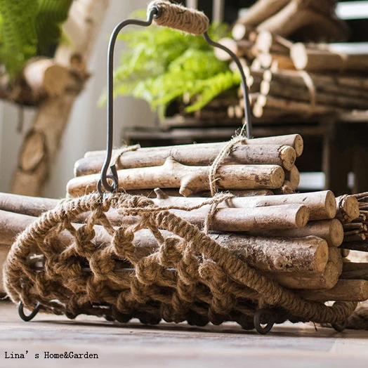 farmhouse decor handmade hemp rope metal fire wood basket
