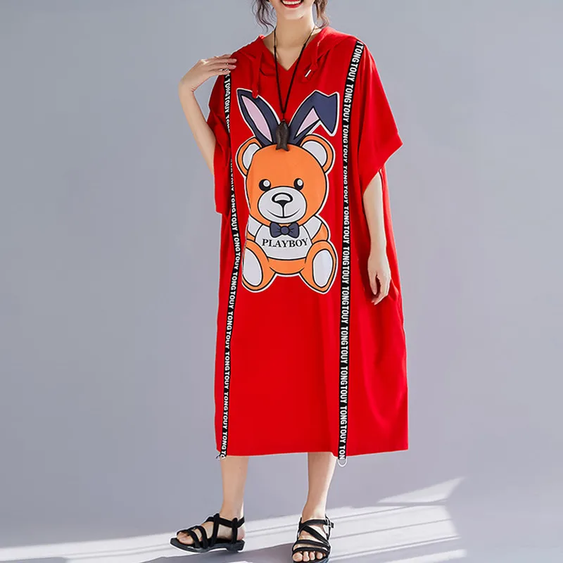 

Summer New Fashion Korean style Batwing Sleeve Loose Long Dress all-matched Casual bear Print Hooded Women Dresses Big Size J23
