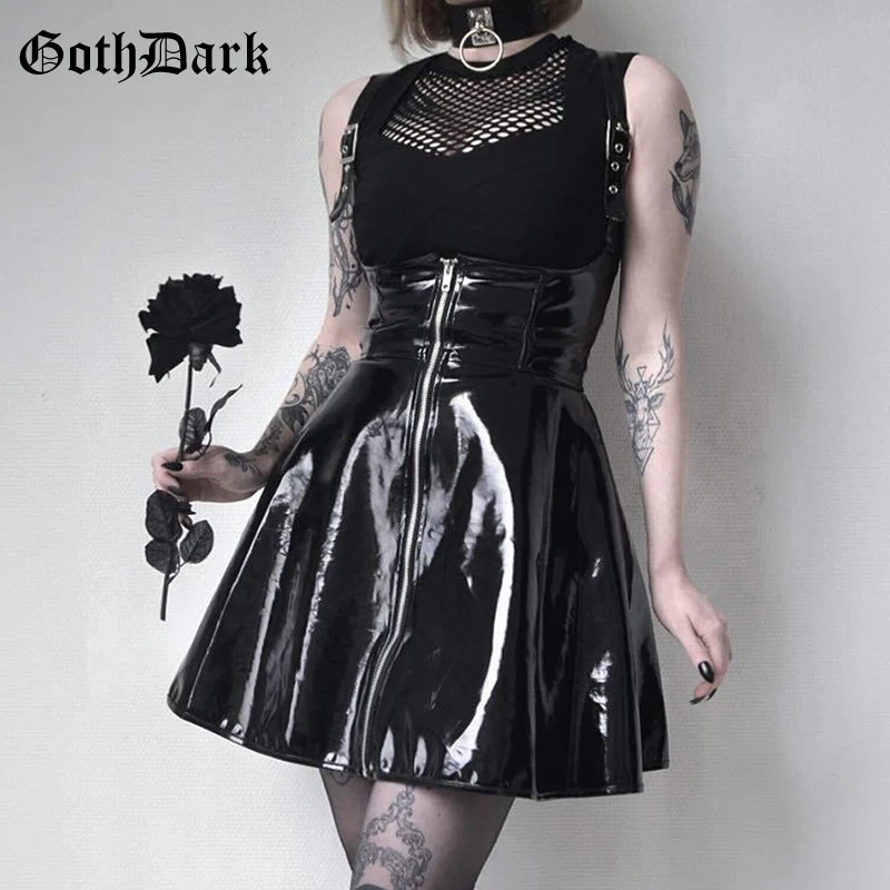 Гот темно-однотонные кожаные Винтаж юбки молния плиссированные тонкий юбка в готическом стиле леди Мода Высокая талия черный короткая
