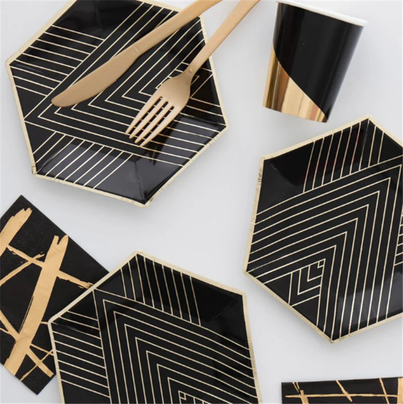 8Pcs Paper Plates Ins Black Gold Foil Plates Cups Birthday Party Decorations Adult Kids Napkins Girl Bachelorette Party Supplies04