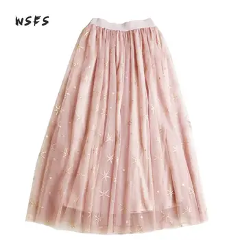 

Wsfs Summer Mesh Ball Gown Skirt Black Pink Gray Khaki Gold Print Elastic Waist Long Skirts Womens Sweet Sexy Party Midi Skirt