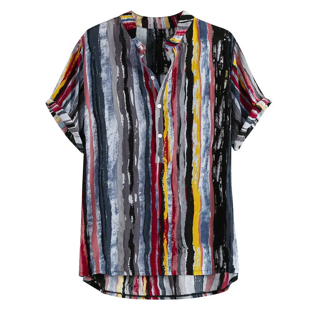 

Mens Summer Fashion Stand Collar Strip Print Short Sleeve Shirt Top Cotton Linen Printing Hawaiian Camisas Hombre High Quality