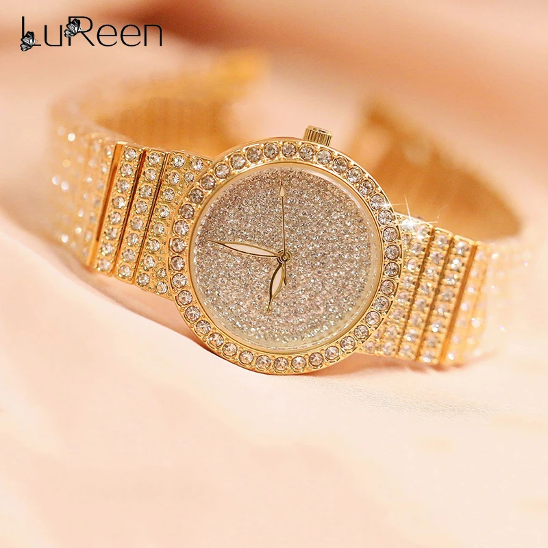 

Lureen Luxury Full Diamond Quartz Watch Women Men Bling Crystal Watch Clock Gold Silver alloy Wristwatch
