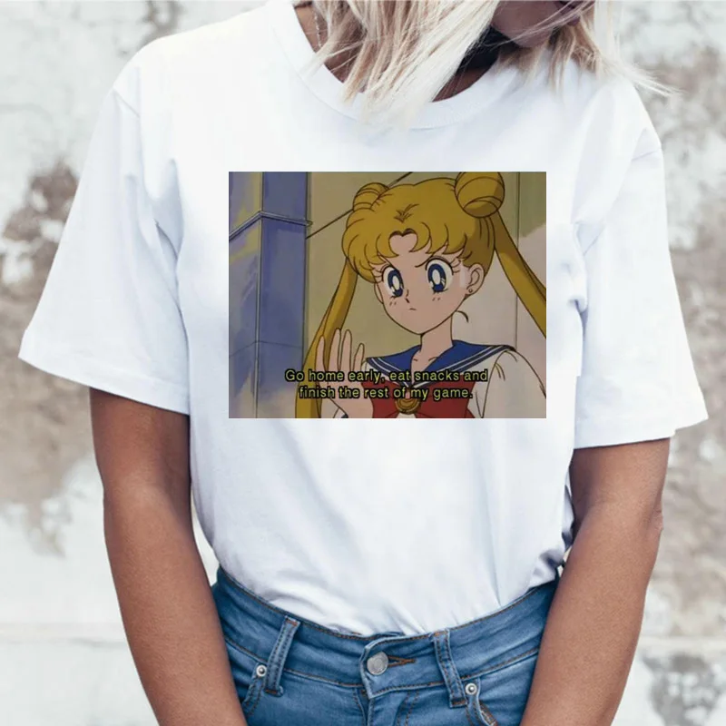 بحار القمر t قميص قميص الانمي أعلى تي شيرتات ورق الرسم البياني 90 s النساء الإناث الجمالية فام ulzzang الجرونج الكورية نمط التي شيرت