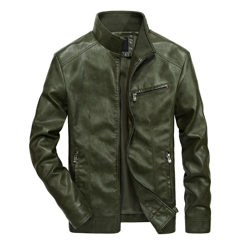 

Moto Biker Slim Faux Leather Jacket for Men Stand Pockets Motorcycle PU Leather Jacket Autumn Solid Coats