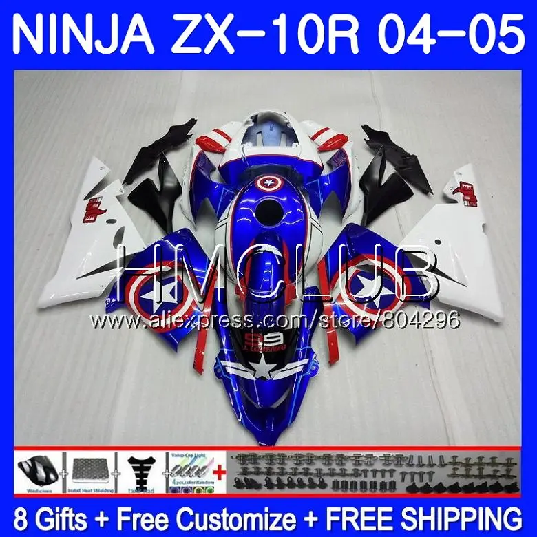 

Bodywork For KAWASAKI NINJA ZX1000 C ZX 10 R ZX-10R 04 05 22HM.21 ZX10R 04 05 ZX1000C Blue stars ZX 10R 2004 2005 Fairing kit