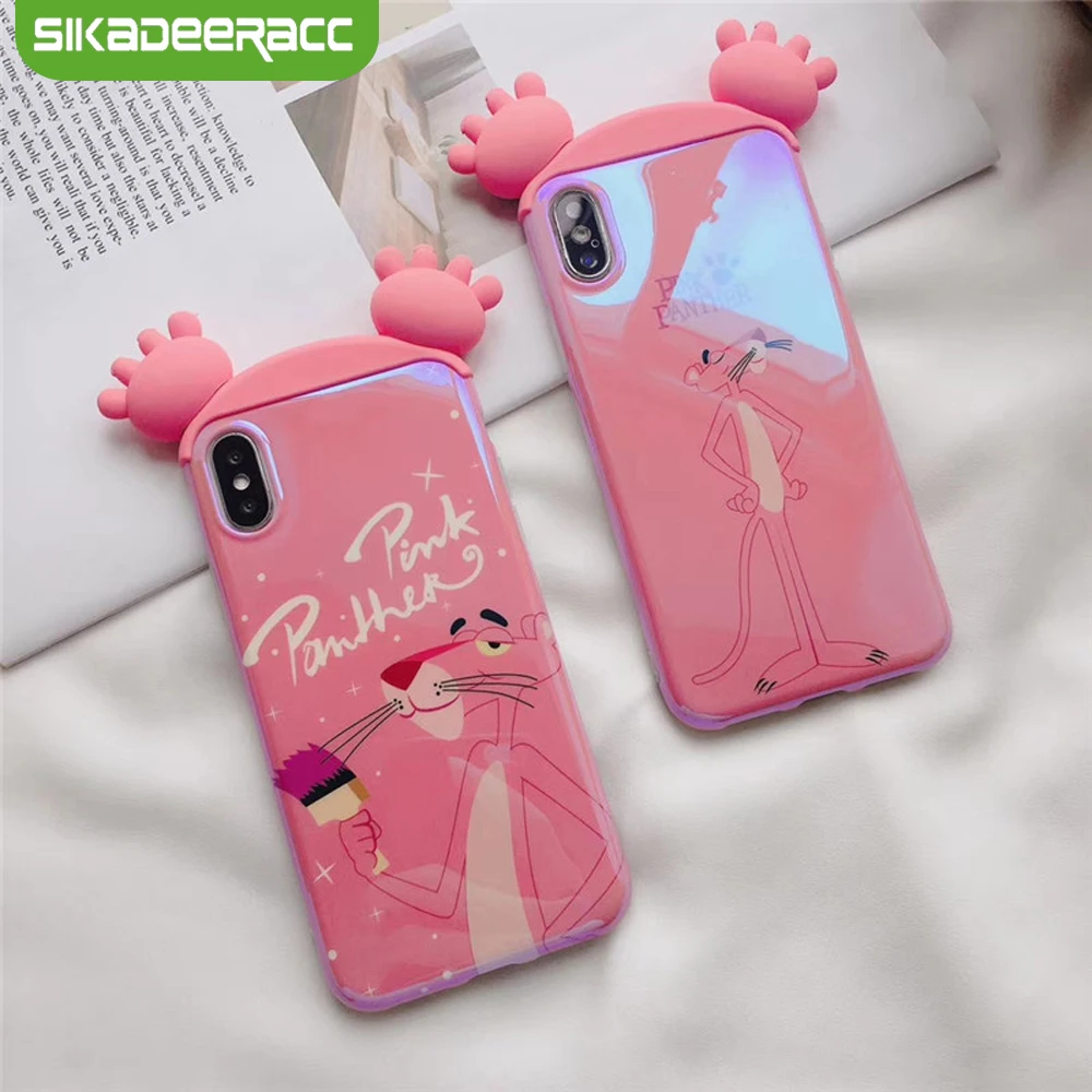 

3D Pink Panther Phone Cases For iPhone Xs Max XR X 7 8 Plus 6 6s Plus Blue Ray Cartoon Cute Shockproof Fitted Cases Funda SI66