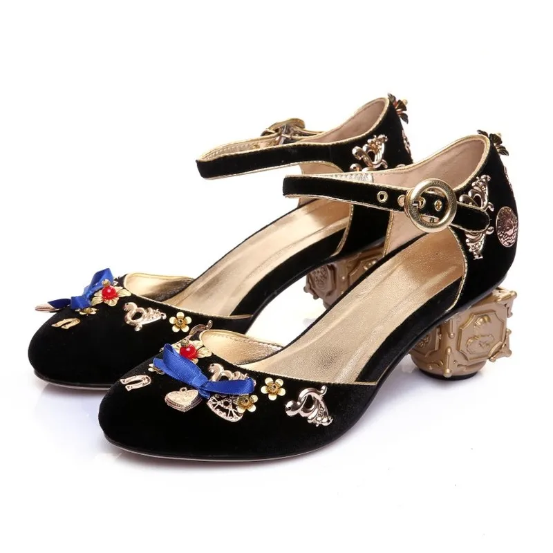 

Womens Retro Pearl Gold Copper Ornaments Decor Court High Strange Heel Ankle Buckle Wedding Bridal Shoes Plus Size 4Colors A1013