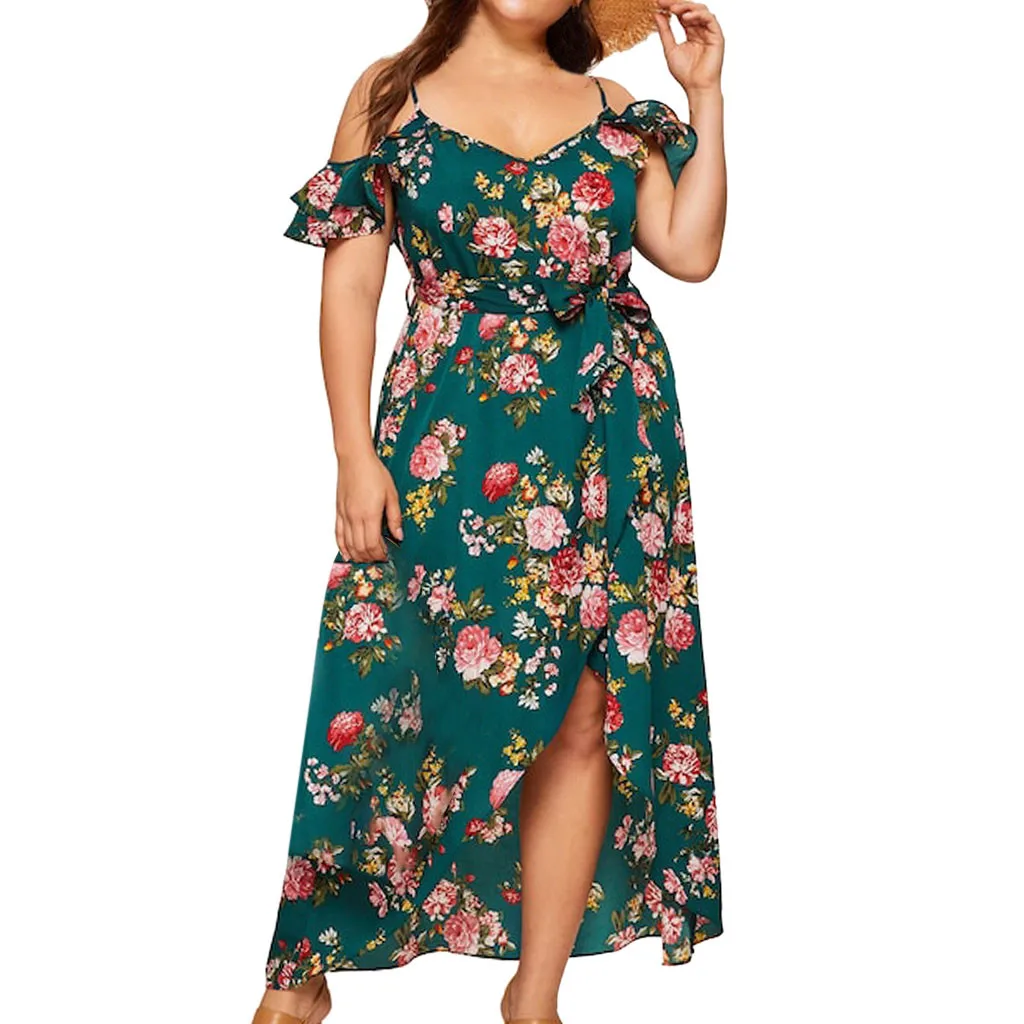 

Womail dresses Fashion Women Plus Size Cold Should Camis Print Short Sleeve Slit Bandage Large size printed short Dress June6