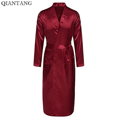 

Burgundy Mens Robe Hot Sale Faux Silk Kimono Bath Gown Bathrobe Nightgown Sleepwear Hombre Pijama Size S M L XL XXL ZhM055