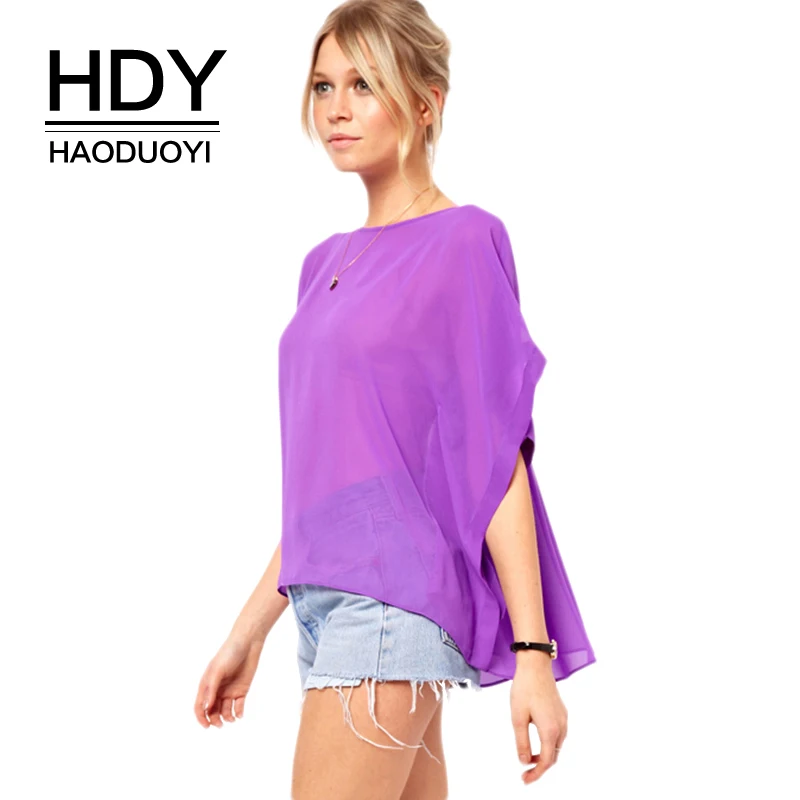 

HDY HAODUOYI Fashion Solid Color Women Blouses Crew Neck Batwing Sleeve Sheer Chiffon Tops Street High Low Loose Casual Shirts