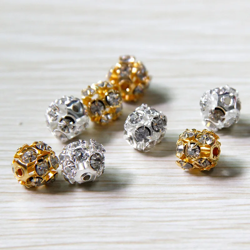 

20pcs/lot Gold/Silver Metal Round Rhinestone Ball Beads 8mm 10mm Beading Ornament Spacer Materials DIY Jewelry Making Bracelets