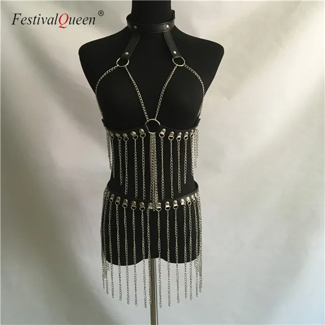 Sexy women metal chain skirt two piece Fashion PU leather Harness party nightclub wear short mini hollow out skirt - Цвет: two piece