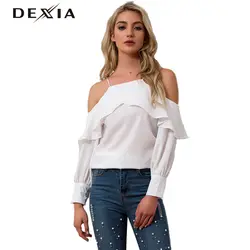 Dexia Женские топы и блузки длинный рукав из плеча blusas оборками из шифона спинки Хлопок Blusa элегантный feminina