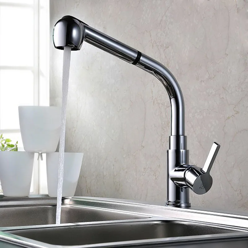 

All brass chrome plated kitchen faucet pulls out spray sink hot and cold tap