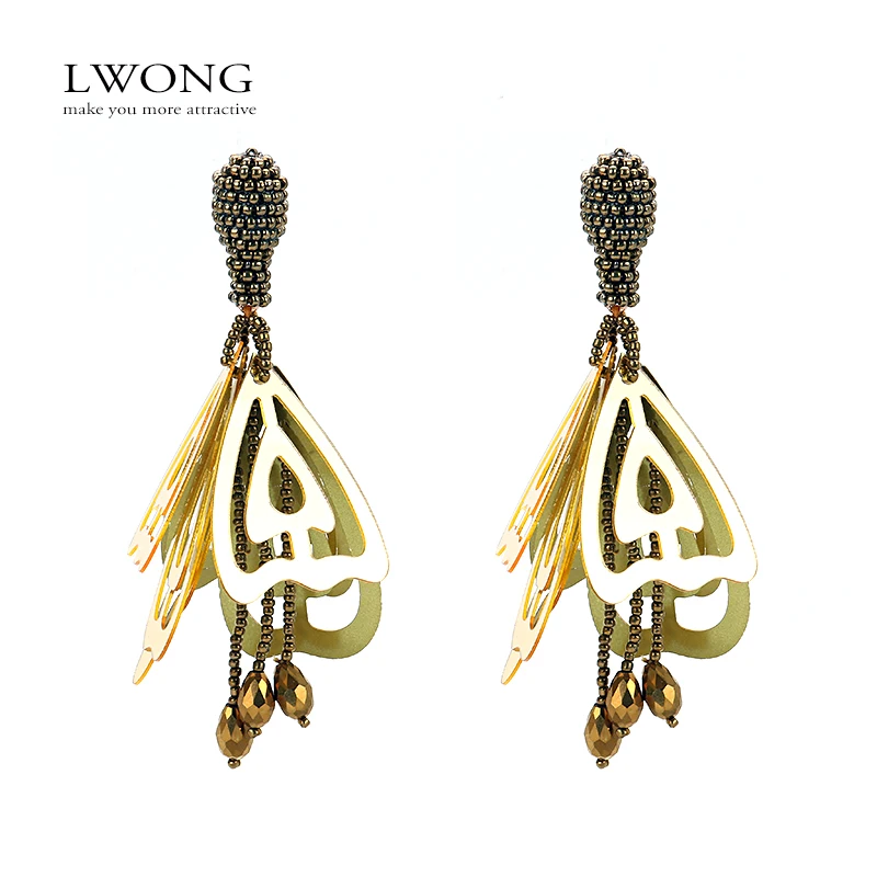 

LWONG Hollow Out Large Impatiens Flower Clip On Earrings for Women Exaggerated Beaded Acrylic Hanging Earrings None Pierced