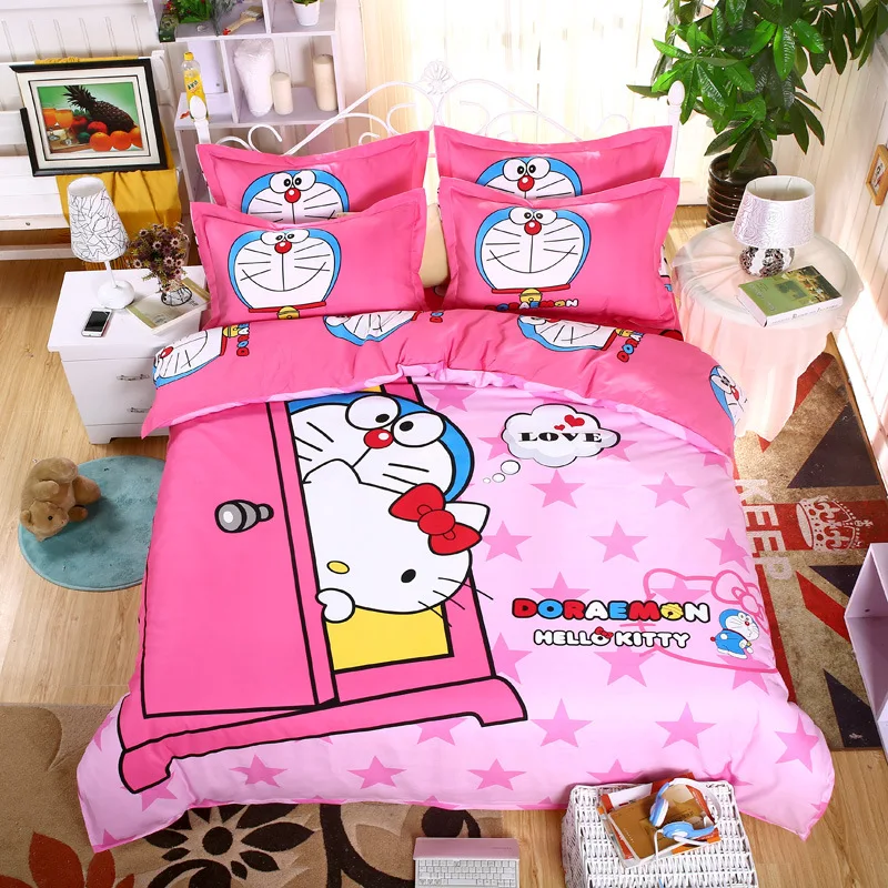 Bedding Set Cartoon Pink cute Doraemon Kitty love 4/3pcs Duvet Cover Sets Soft Polyester Bed Linen Flat Bed Sheet Set Pillowcase