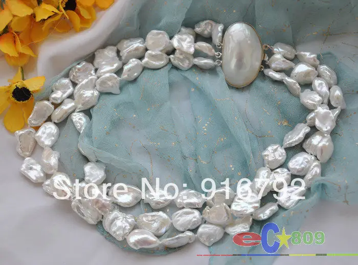 

3row white baroque keshi reborn pearl necklace mabe clasp 17-19