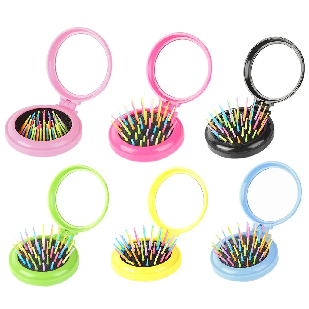 

Women Girls Makeup Hair Brush with Mirror Styling Tool Portable Mini Folding Brush Massager Comestic Tools